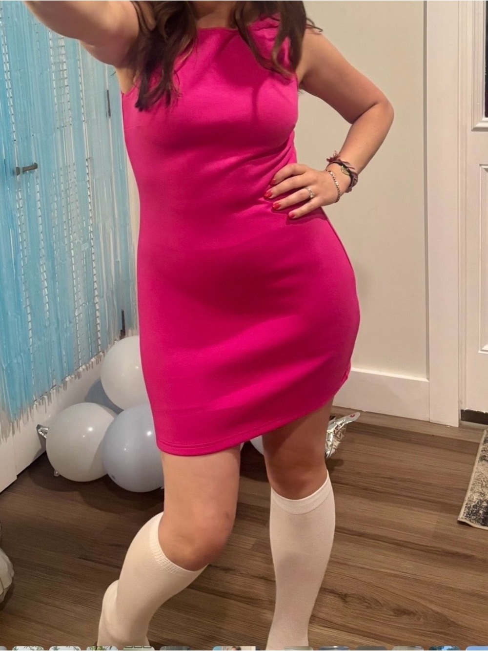 Worn once. Stretchy sleeveless fitted pink mini dress. Baby Spice costume